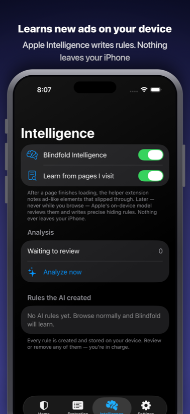 Tab Kecerdasan Blindfold menjelaskan bahwa model di perangkat milik Apple memeriksa elemen yang menyerupai iklan setelah halaman selesai dimuat, lalu menulis aturan penyembunyian, dengan semuanya tetap tersimpan di iPhone.