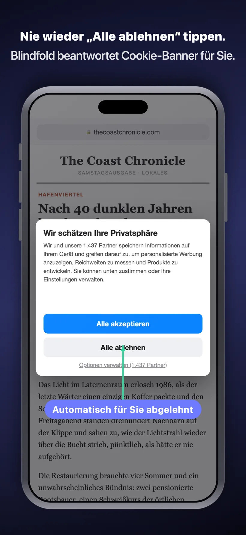 Ein Cookie-Einwilligungs-Popup auf einer Nachrichtenseite, bei dem Blindfold automatisch alle Cookies ablehnt, gekennzeichnet mit dem Hinweis, dass die Ablehnung automatisch für dich erfolgt ist.