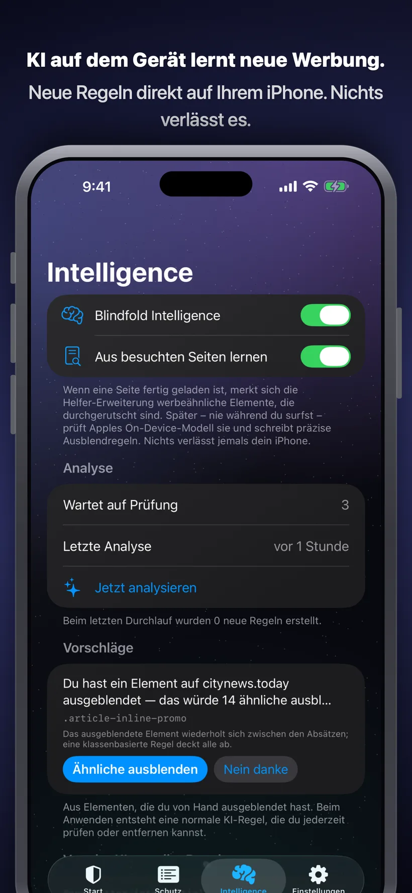 Der Intelligenz-Tab von Blindfold zeigt, wie die KI auf dem Gerät besuchte Seiten analysiert, mit einer vorgeschlagenen Regel, um ein wiederkehrendes Werbeelement auszublenden, und Schaltflächen, um sie zu übernehmen oder zu verwerfen.