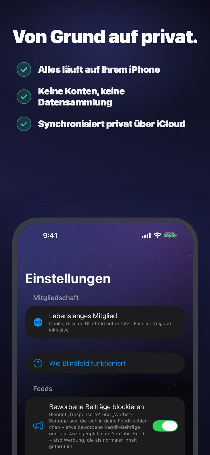 Der Einstellungen-Tab von Blindfold zeigt eine lebenslange Mitgliedschaft mit Familienfreigabe sowie einen neuen Bereich „Feeds“ mit dem Schalter „Beworbene Beiträge blockieren“, der gesponserte Beiträge in Apps wie Reddit und YouTube ausblendet.