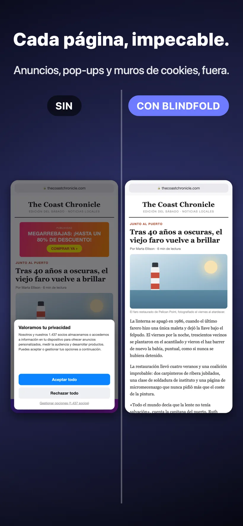 Comparativa lado a lado de un artículo de noticias sin Blindfold, saturado con un banner publicitario y un aviso emergente de consentimiento de cookies, junto a la misma página con Blindfold, limpia, sin el anuncio ni el aviso.