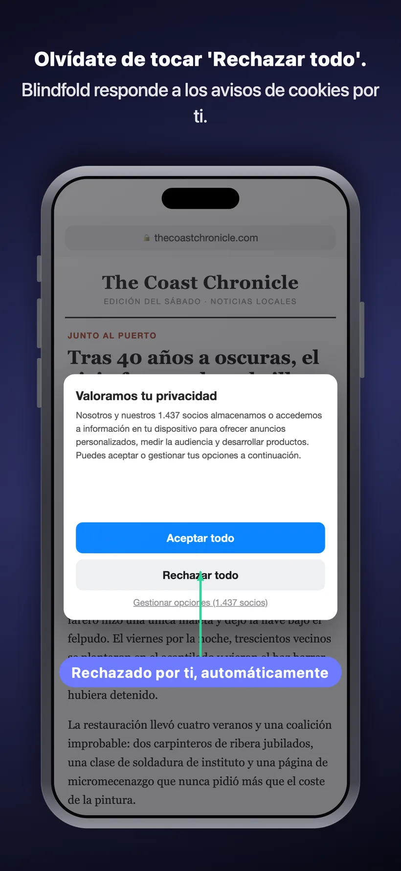 Un aviso emergente de consentimiento de cookies en una web de noticias en el que Blindfold pulsa automáticamente «Rechazar todo» en tu nombre, indicando que se ha rechazado por ti de forma automática.