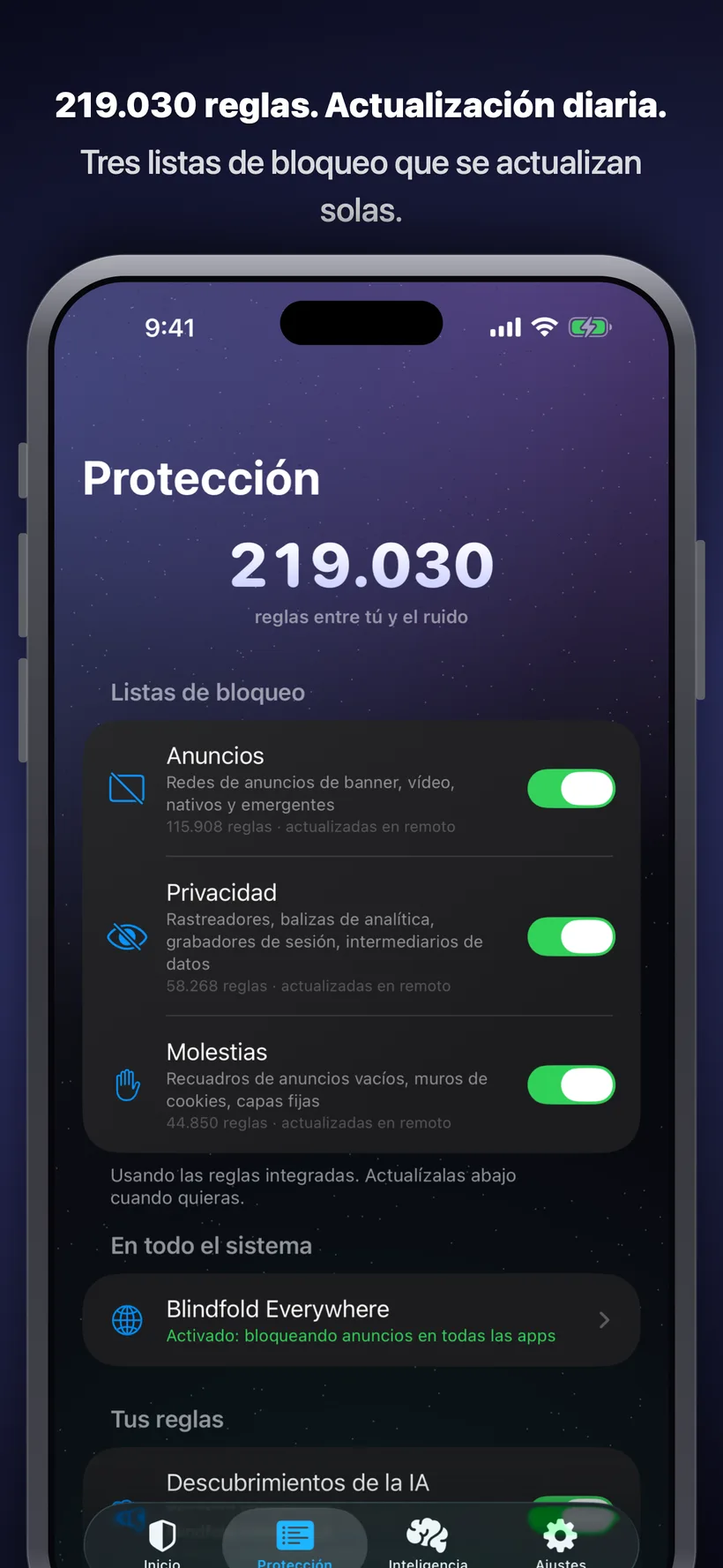 La pestaña Protección de Blindfold con las listas de bloqueo de Anuncios, Privacidad y Molestias, un total de 219.026 reglas, el interruptor de Blindfold Everywhere para todo el sistema y las reglas descubiertas por la IA, todo ello actualizado automáticamente.