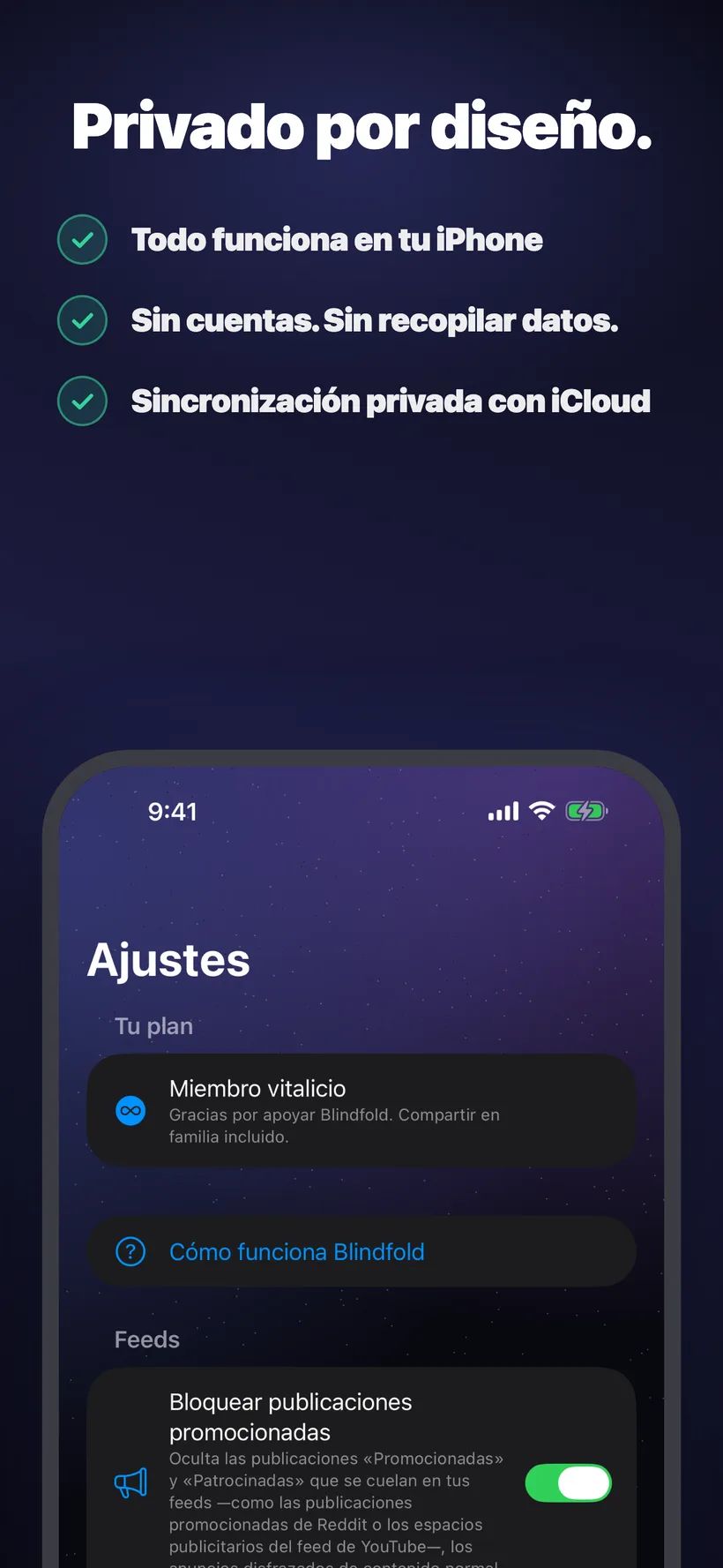 La pestaña Ajustes de Blindfold, que muestra una membresía de por vida con Compartir en familia y una nueva sección de Feeds con un interruptor para ocultar las publicaciones promocionadas en apps como Reddit y YouTube.