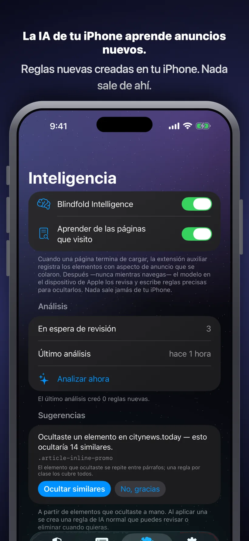 La pestaña Intelligence de Blindfold mostrando el análisis con IA en el dispositivo de las páginas que visitas, con una regla sugerida para ocultar un elemento publicitario repetido y botones para aceptarla o descartarla.