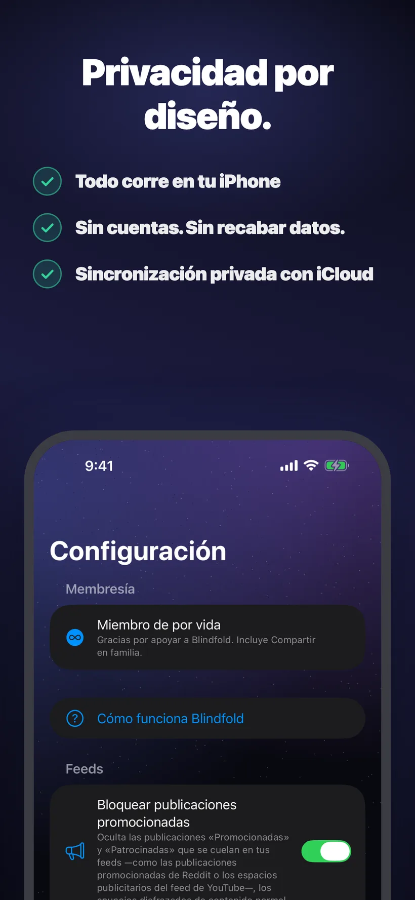 La pestaña Settings de Blindfold mostrando una membresía de por vida con Compartir en familia, y una nueva sección de feeds con un interruptor para ocultar las publicaciones patrocinadas en apps como Reddit y YouTube.