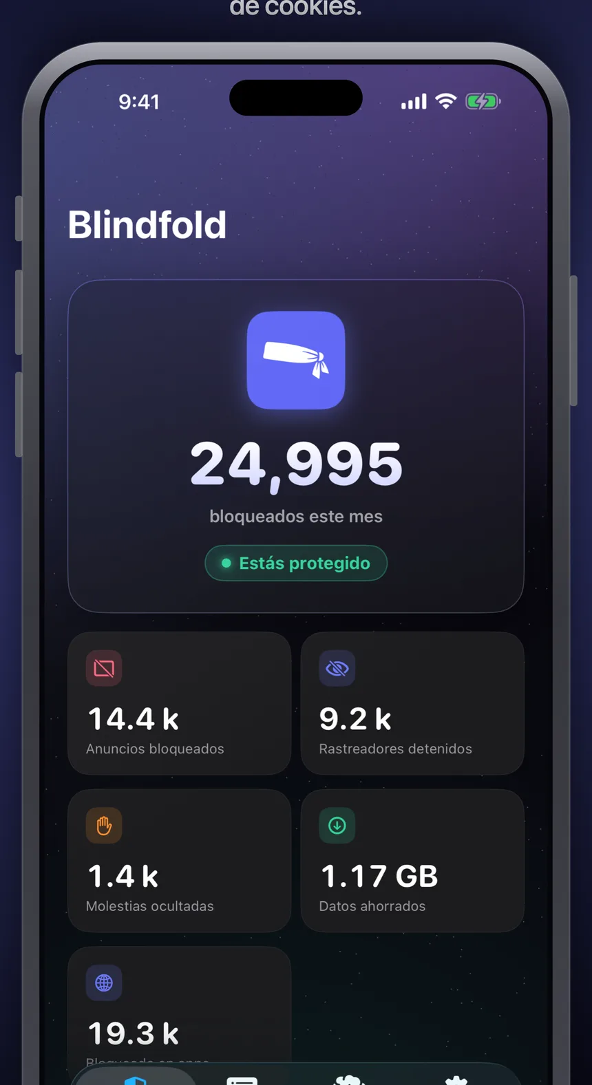 La pestaña Home de la app Blindfold mostrando 24,995 elementos bloqueados este mes, con el desglose de 14.4K anuncios bloqueados, 9.2K rastreadores detenidos, 1.4K molestias ocultas, 1.17 GB de datos ahorrados y 19.3K bloqueados en otras apps.