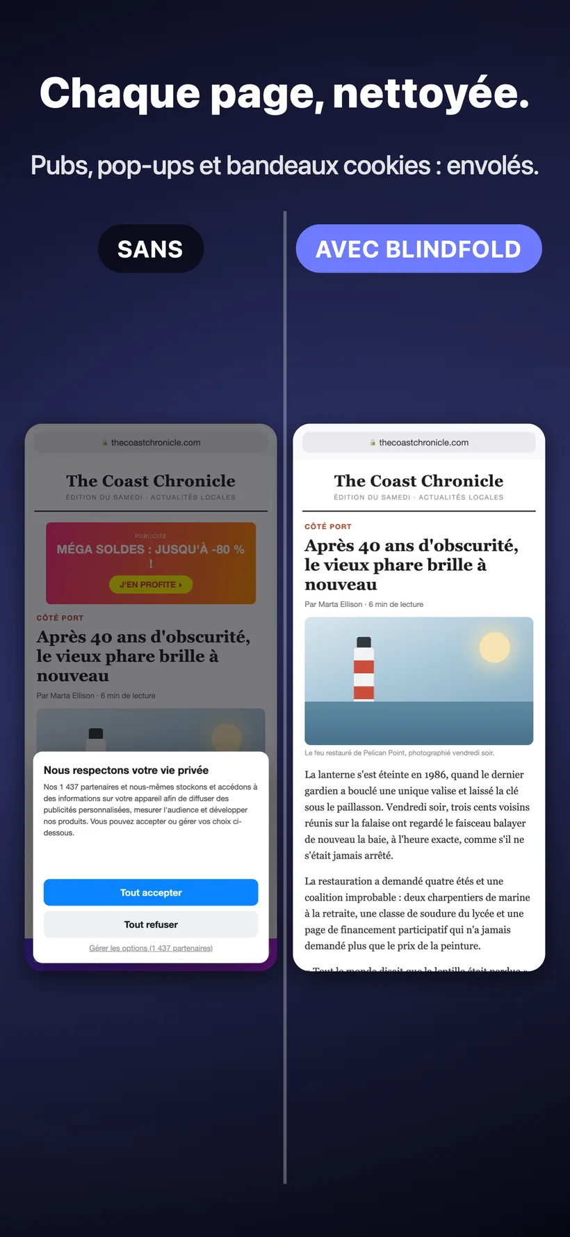Comparaison côte à côte d'un article de presse : sans Blindfold, la page est encombrée par une bannière publicitaire et une fenêtre de consentement aux cookies ; avec Blindfold, la même page est nette, sans publicité ni fenêtre surgissante.