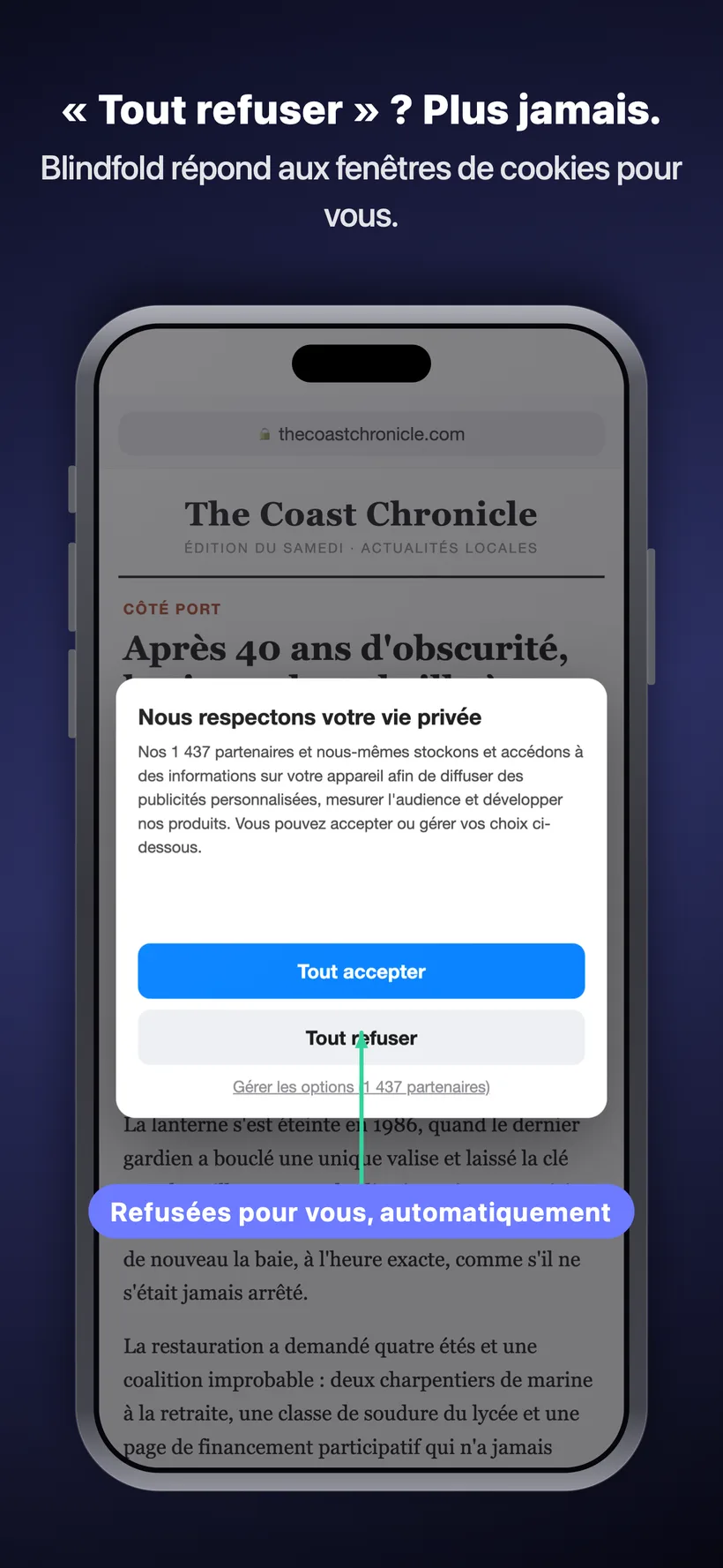 Une fenêtre de consentement aux cookies sur un site d'actualités, avec Blindfold qui appuie automatiquement sur « Tout refuser » à votre place, avec la mention « Refusé automatiquement pour vous ».