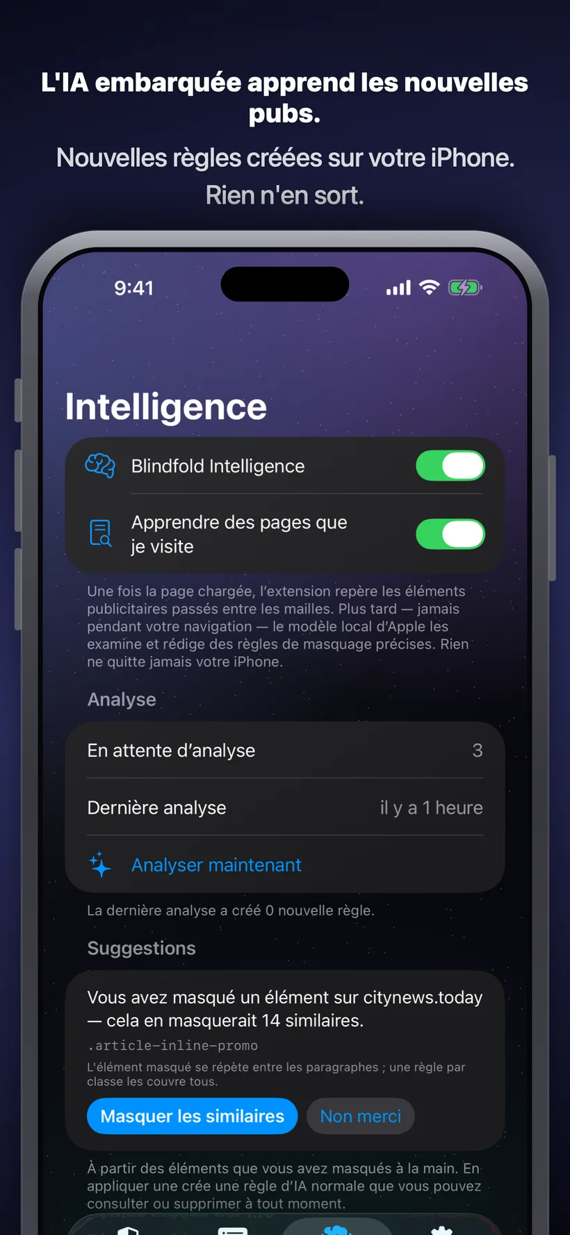 L'onglet Intelligence montrant l'analyse par IA embarquée sur l'appareil des pages que vous consultez, avec une règle suggérée pour masquer un élément publicitaire répété et des boutons pour l'accepter ou l'ignorer.