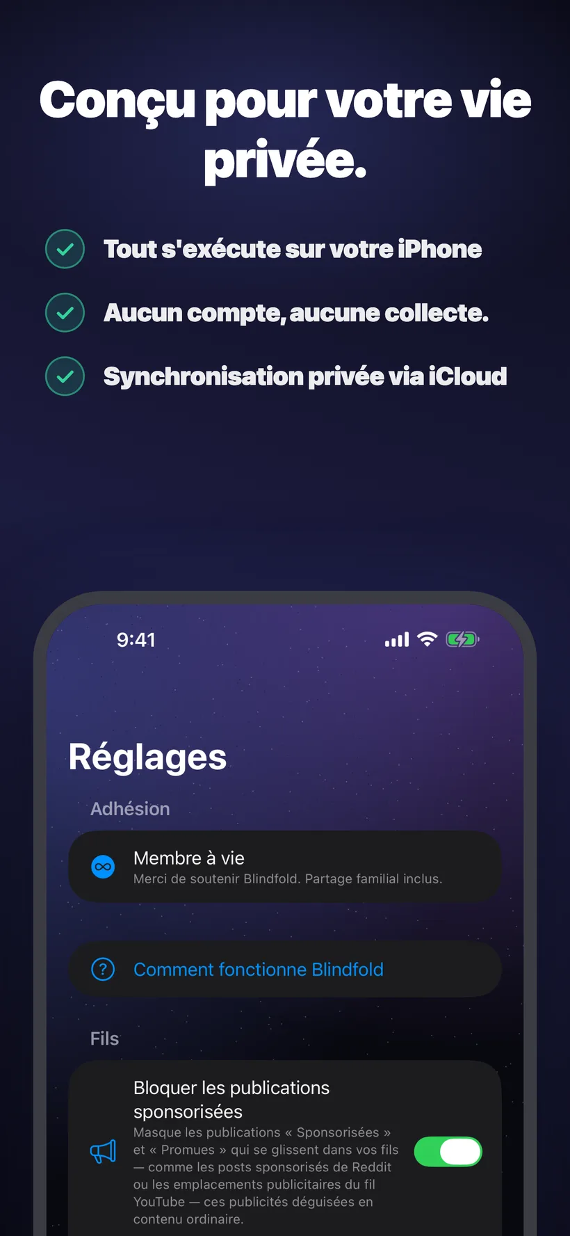 L'onglet Réglages montrant un abonnement à vie avec Partage familial, et une nouvelle section pour les flux sociaux avec un interrupteur « Bloquer les publications sponsorisées » qui masque les publications sponsorisées dans des applications comme Reddit et YouTube.