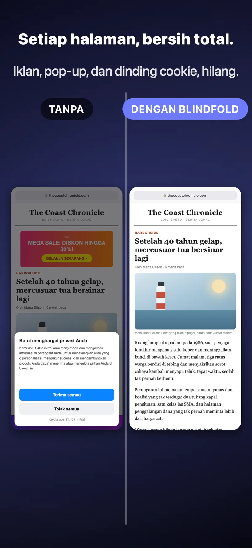 Perbandingan berdampingan sebuah artikel berita: tanpa Blindfold, halamannya dipenuhi iklan banner dan pop-up persetujuan cookie, sedangkan dengan Blindfold, halaman yang sama menjadi bersih tanpa iklan maupun pop-up.