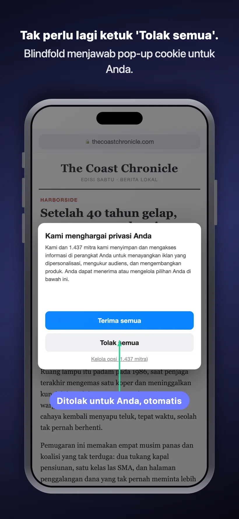 Pop-up persetujuan cookie di sebuah situs berita, dengan Blindfold secara otomatis menekan ‘Tolak semua’ untuk Anda, ditandai dengan label ‘Ditolak otomatis untuk Anda.’