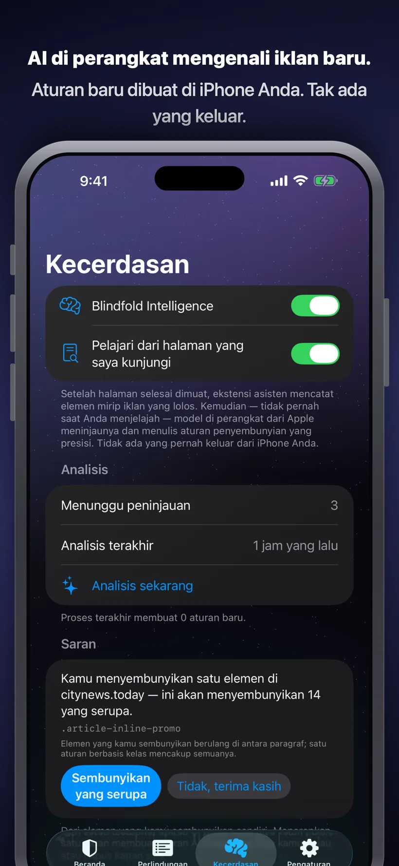 Tab Kecerdasan Blindfold menampilkan analisis AI di perangkat terhadap halaman yang Anda kunjungi, dengan saran aturan untuk menyembunyikan elemen iklan yang berulang serta tombol untuk menerima atau mengabaikannya.