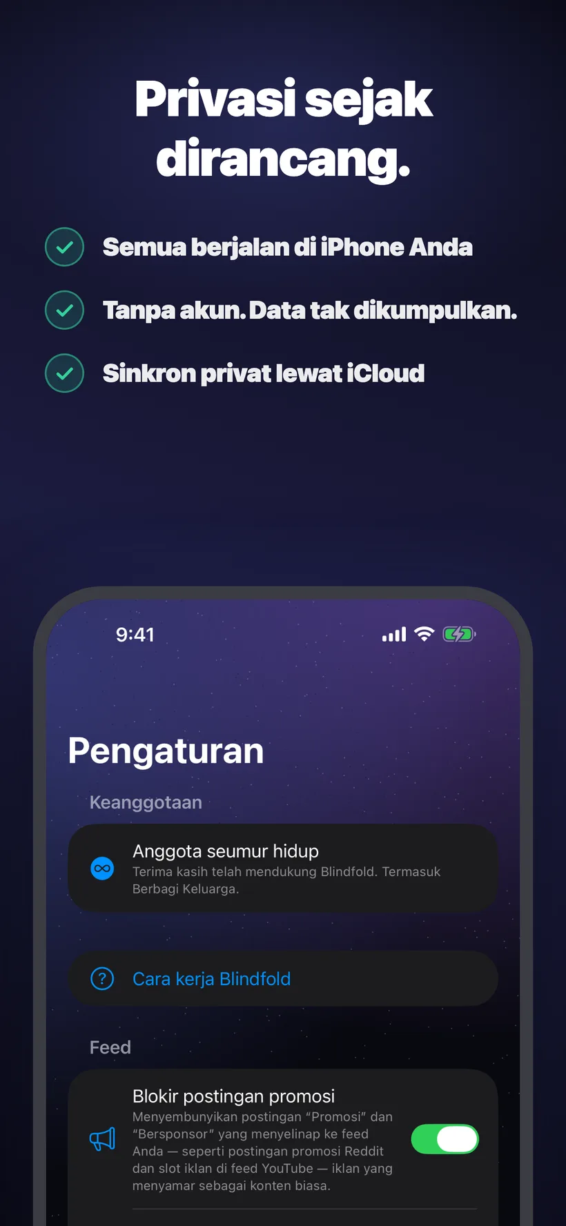 Tab Pengaturan Blindfold menampilkan status keanggotaan seumur hidup dengan Berbagi Keluarga, serta bagian baru ‘Feeds’ dengan sakelar ‘Sembunyikan unggahan berbayar’ yang menyembunyikan unggahan bersponsor di aplikasi seperti Reddit dan YouTube.