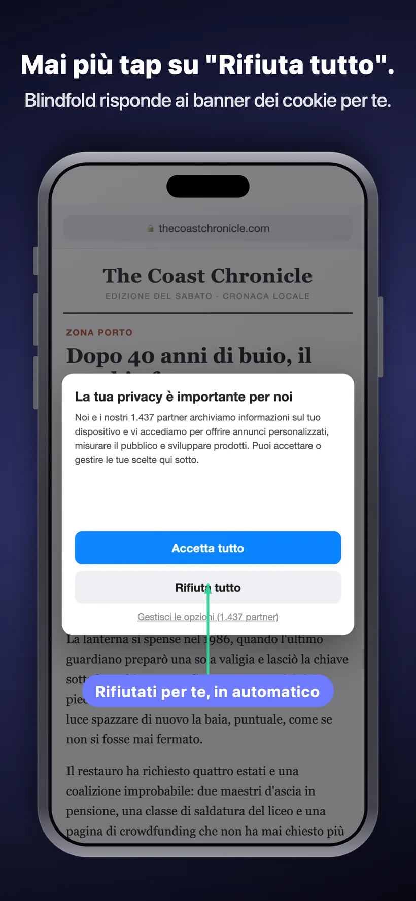 Un pop-up di consenso ai cookie su un sito di notizie, con Blindfold che rifiuta automaticamente i cookie non necessari al posto tuo, segnalando che il rifiuto è avvenuto in automatico.