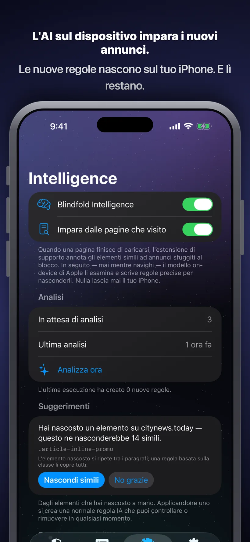 La scheda Intelligenza di Blindfold che mostra l'analisi IA on-device delle pagine visitate, con una regola suggerita per nascondere un elemento pubblicitario ripetuto e i pulsanti per accettarla o ignorarla.