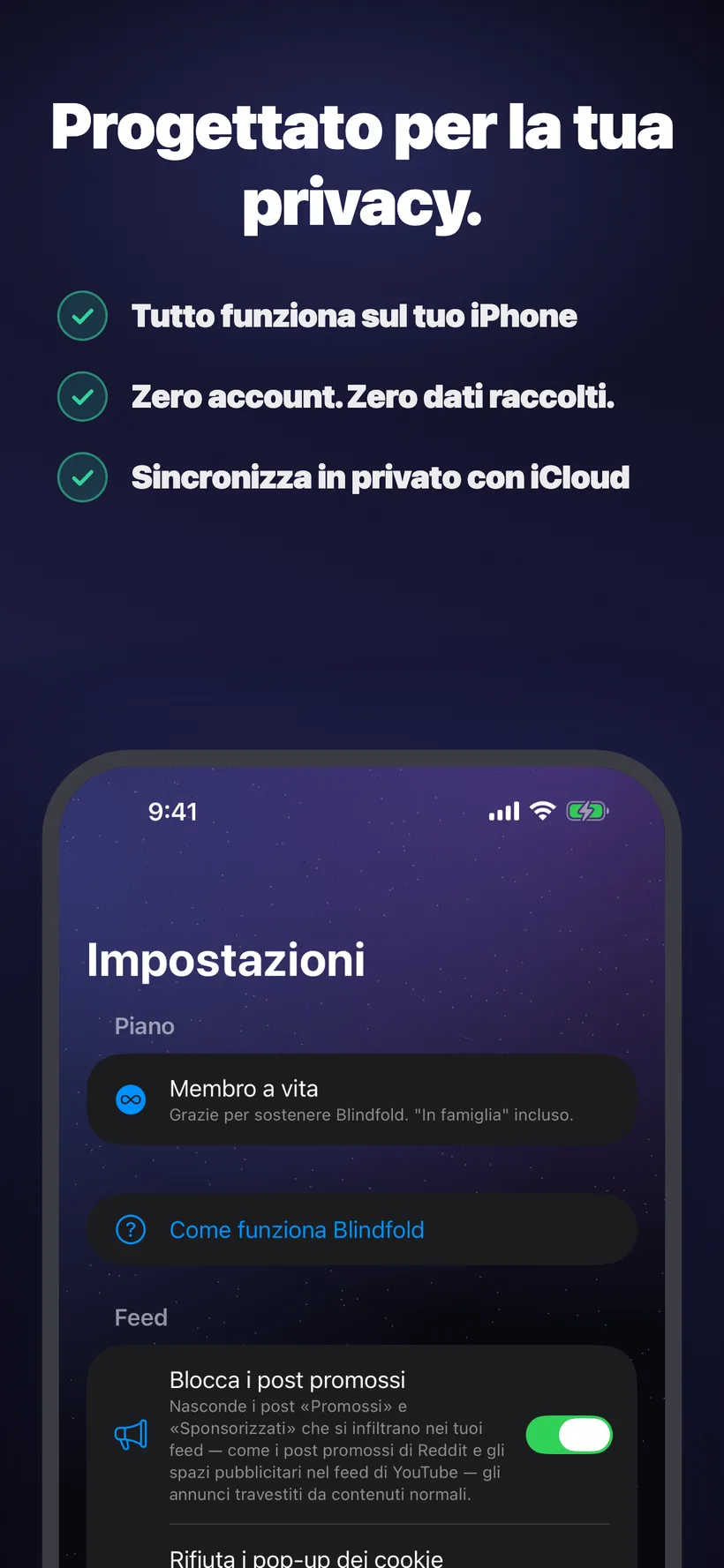 La scheda Impostazioni di Blindfold con un acquisto a vita con "In famiglia", e una nuova sezione Feed con un interruttore per nascondere i post sponsorizzati in app come Reddit e YouTube.