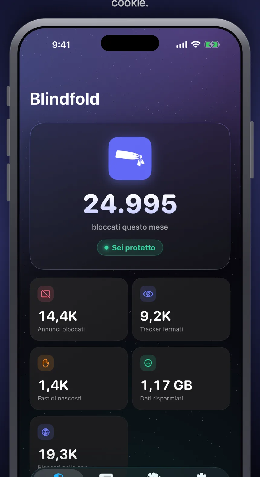 La scheda Home di Blindfold che mostra 24.995 elementi bloccati questo mese, con il dettaglio di 14,4K pubblicità bloccate, 9,2K tracker fermati, 1,4K fastidi nascosti, 1,17 GB di banda risparmiata e 19,3K blocchi in altre app.