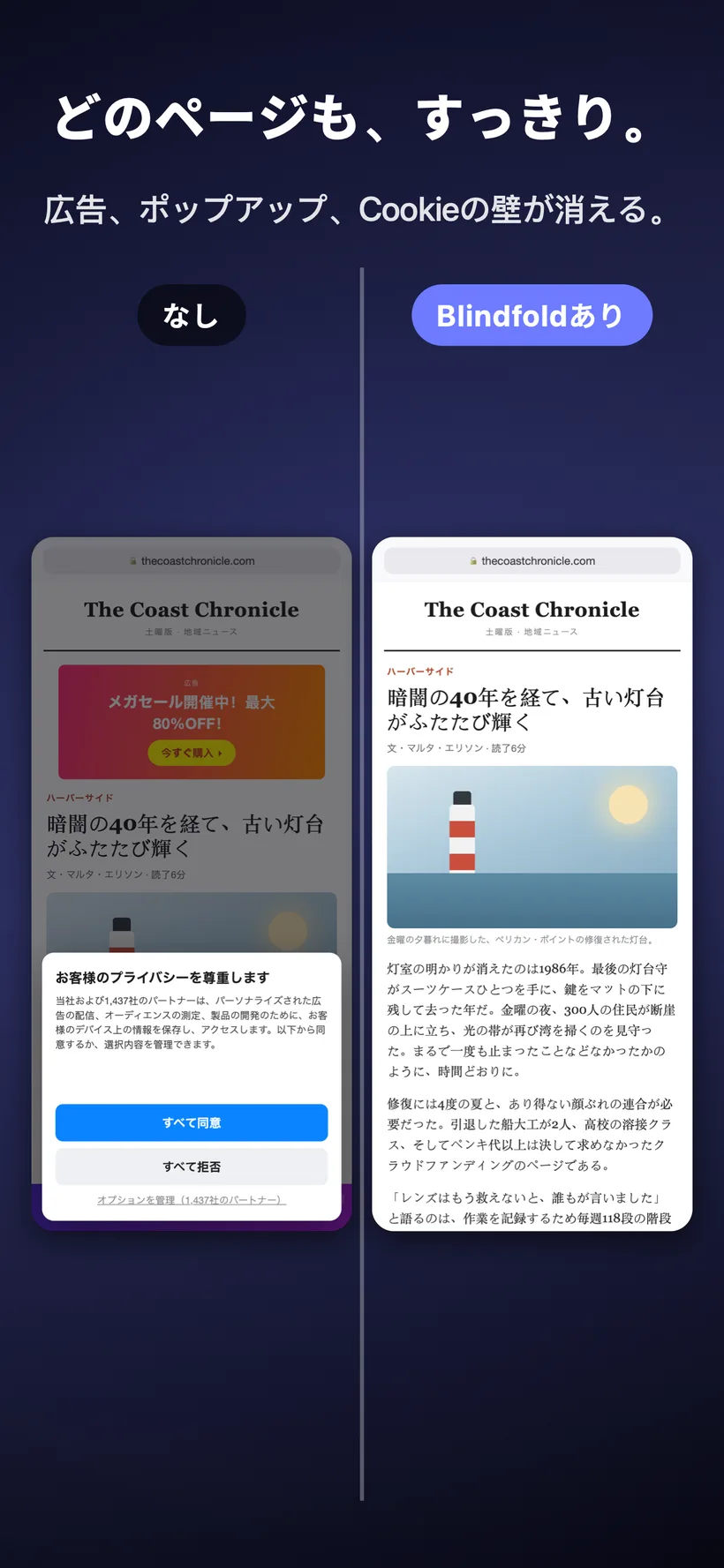ニュース記事のページを並べて比較しています。Blindfoldを使っていない場合はバナー広告とCookie同意のポップアップが表示されて煩雑ですが、Blindfoldを使うとどちらも消えてすっきりした画面になります。