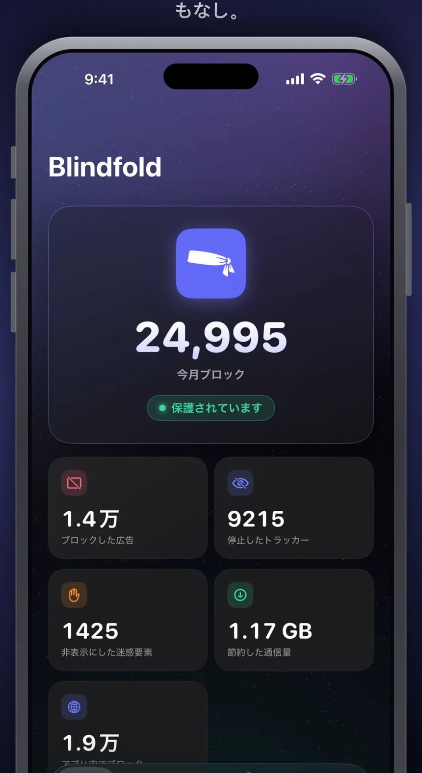 Blindfoldアプリのホームタブです。今月ブロックした件数が24,995件と表示され、内訳としてブロックした広告14.4K件、阻止したトラッカー9.2K件、非表示にした迷惑要素1.4K件、節約した通信量1.17GB、そして他のアプリでブロックした19.3K件が並んでいます。