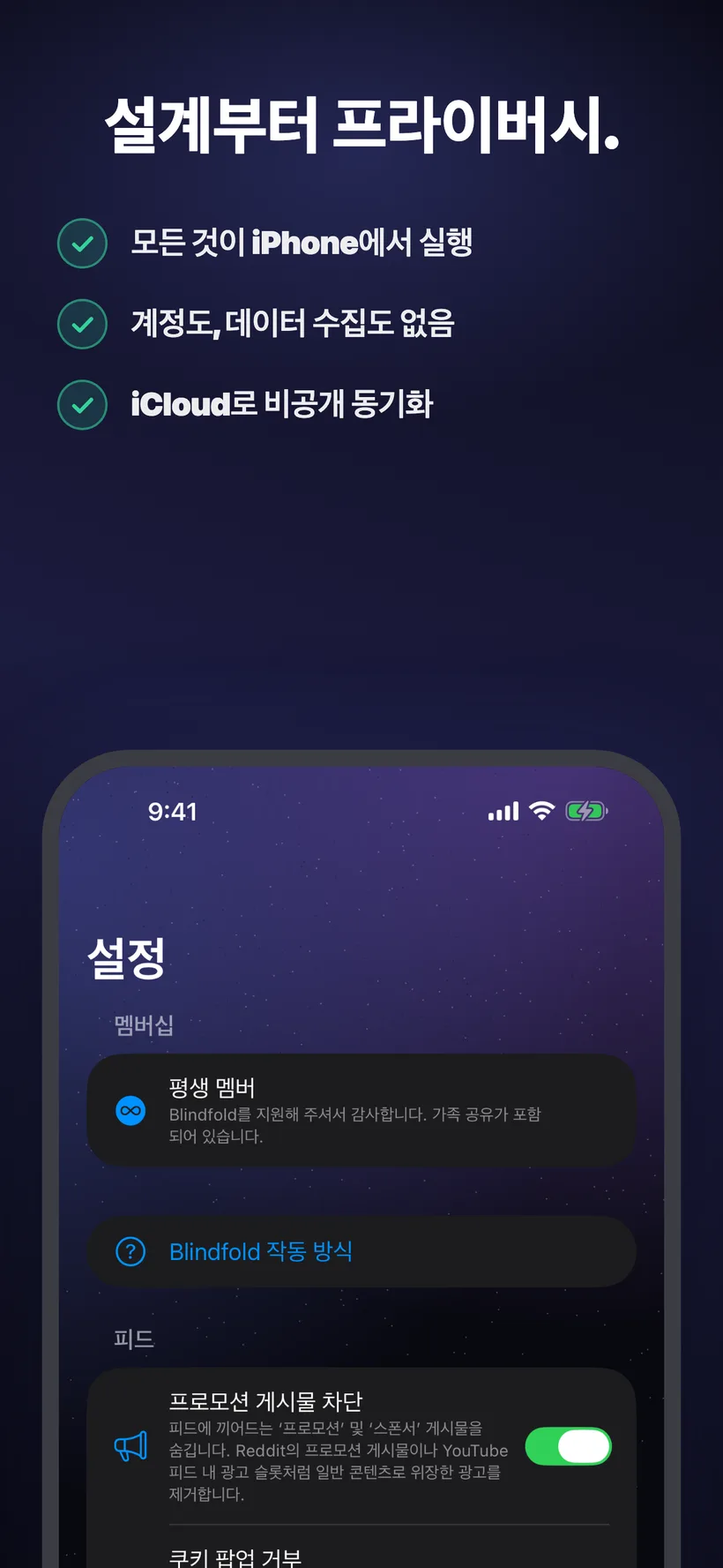 Blindfold의 설정 탭 화면입니다. 가족 공유가 포함된 평생 멤버십 정보와 함께, 새로 추가된 피드 섹션에는 Reddit이나 YouTube 같은 앱에서 광고성 게시물을 숨겨주는 스위치가 보입니다.