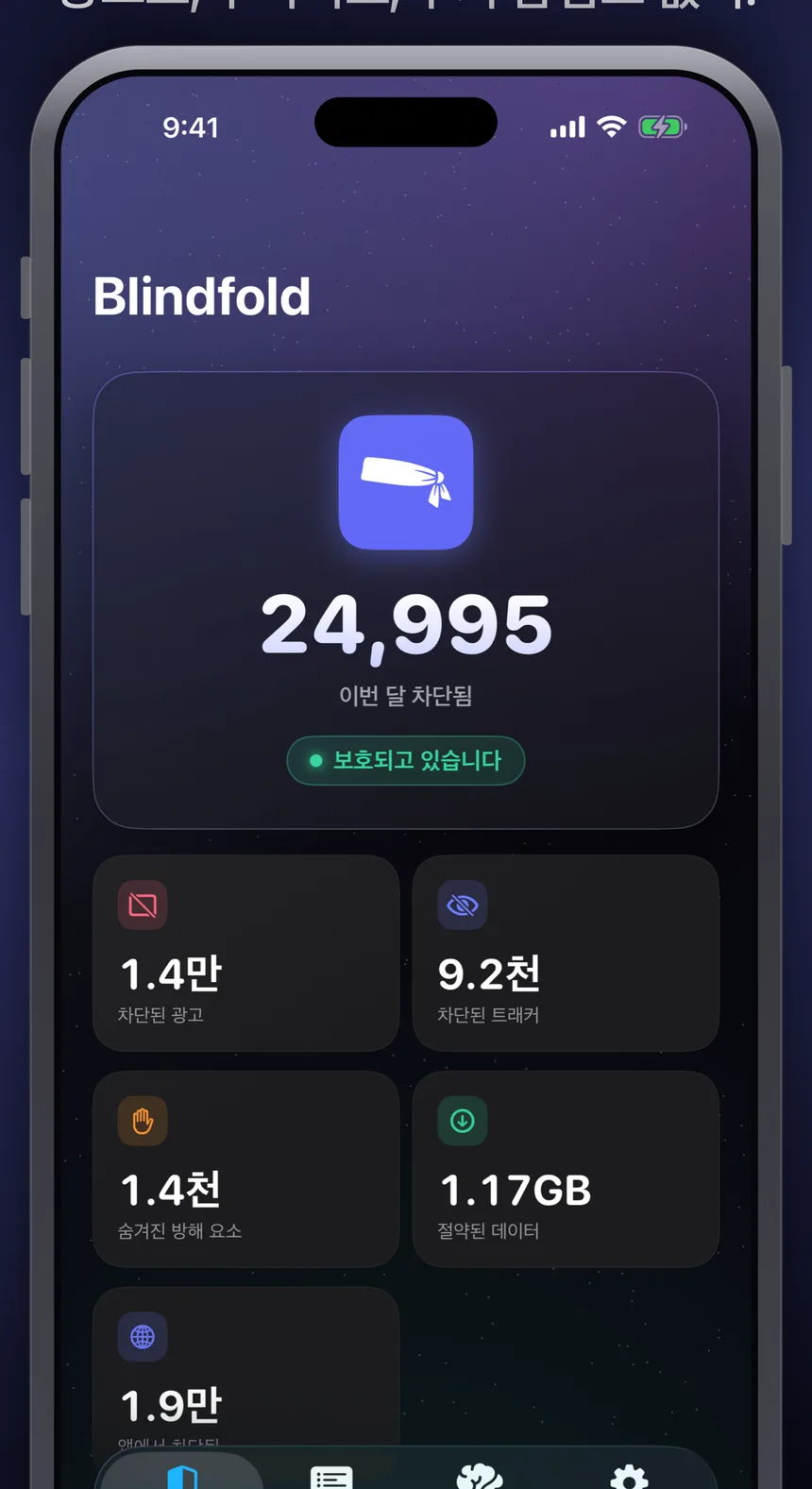 Blindfold 앱의 홈 탭 화면입니다. 이번 달 총 24,995건 차단을 큰 숫자로 보여주며, 차단된 광고 14.4천 건, 차단된 트래커 9.2천 건, 숨긴 방해 요소 1.4천 건, 절약한 데이터 1.17GB, 다른 앱에서 차단된 19.3천 건이 각각 표시되어 있습니다.