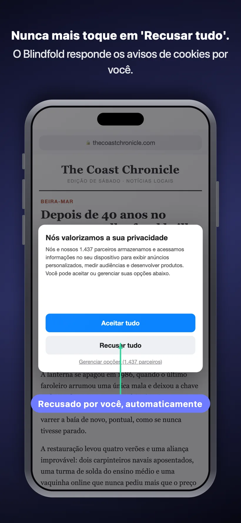 Aviso de consentimento de cookies em um site de notícias, com o Blindfold tocando automaticamente em “Rejeitar tudo” por você, identificado como “Rejeitado automaticamente para você”.