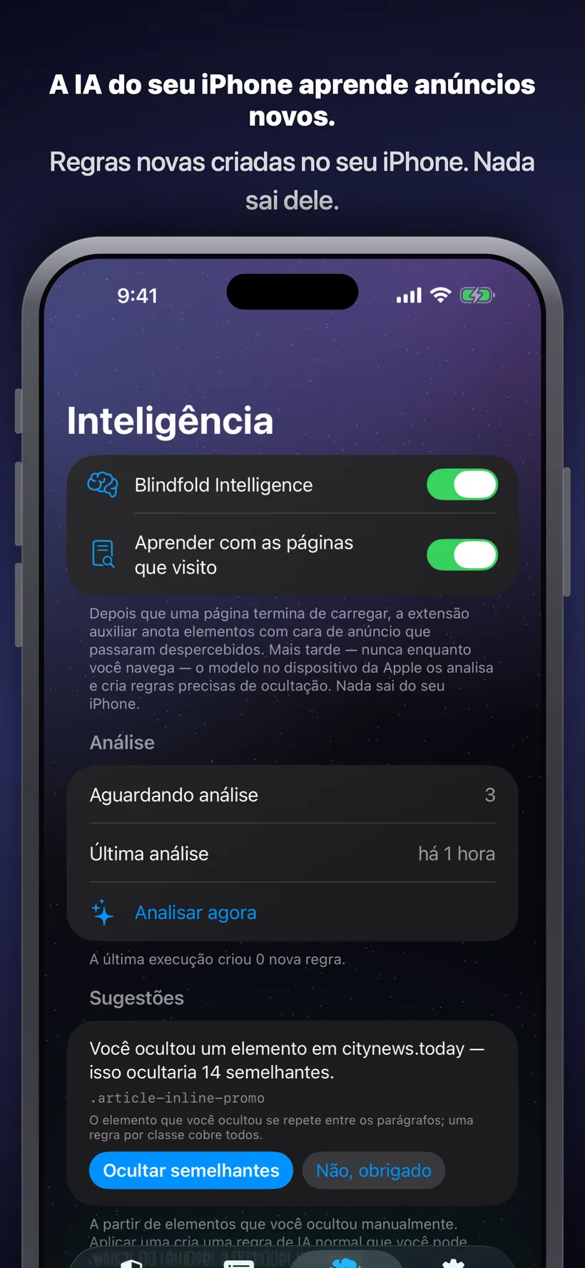 Aba Inteligência do Blindfold mostrando a análise por IA no aparelho das páginas visitadas, com uma regra sugerida para ocultar um elemento de anúncio repetido e botões para aceitar ou dispensar a sugestão.