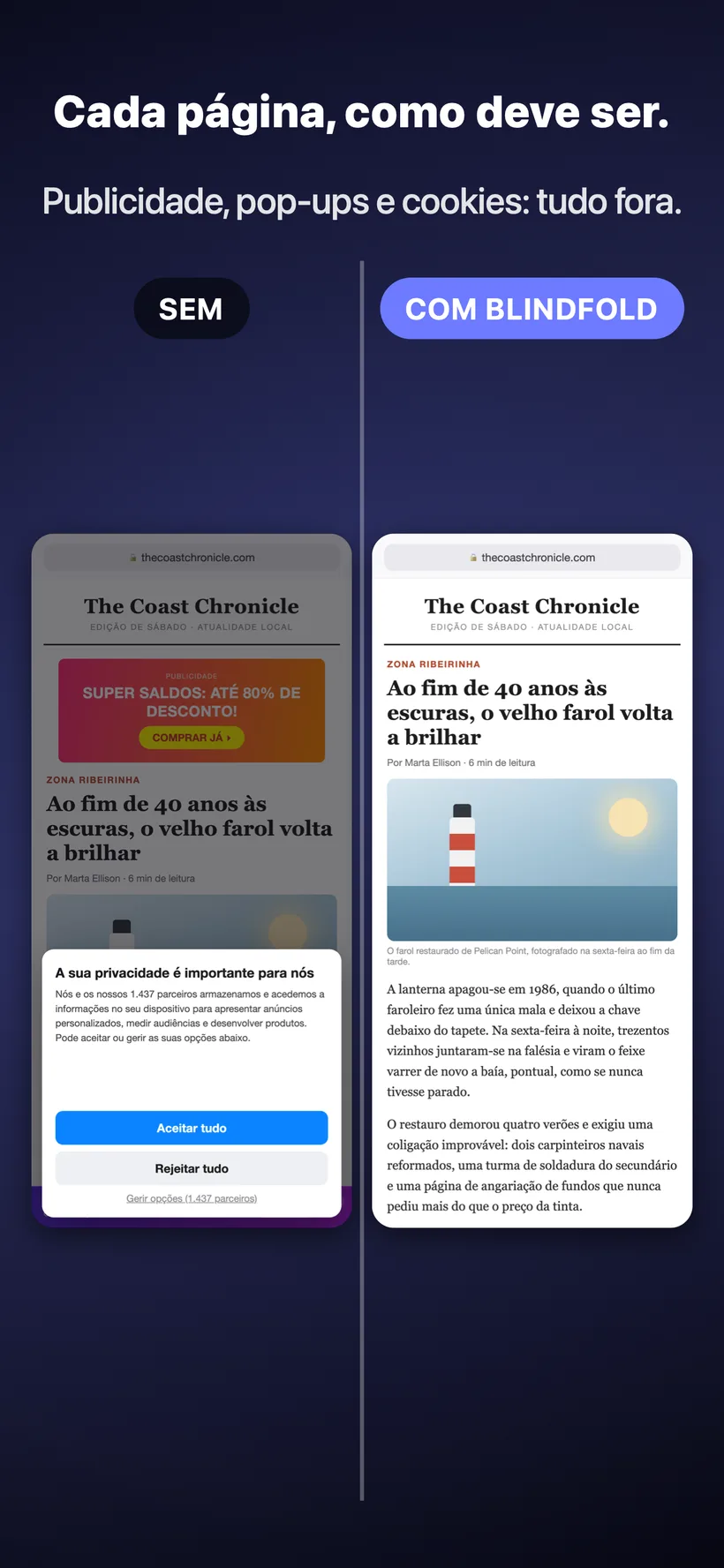 Comparação lado a lado de um artigo de notícias: sem o Blindfold, com um anúncio em banner e um aviso de consentimento de cookies a sobrecarregar a página, e com o Blindfold, com a página limpa, sem o anúncio nem o aviso.