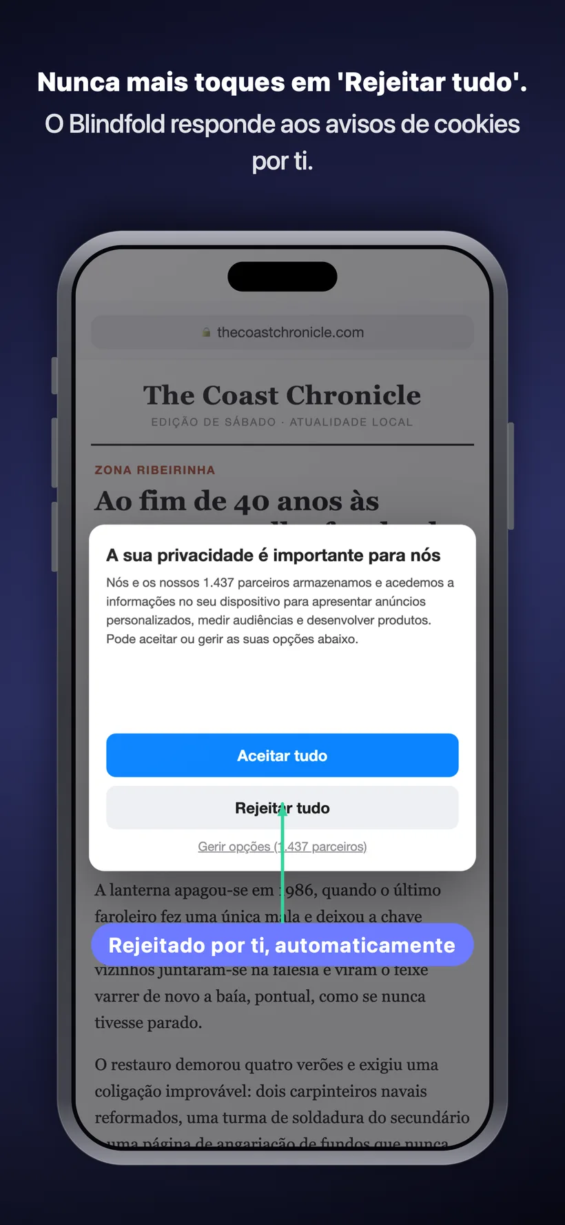 Um aviso de consentimento de cookies num site de notícias, com o Blindfold a tocar automaticamente em ‘Rejeitar tudo’, identificado com a etiqueta ‘Rejeitado automaticamente em seu nome’.