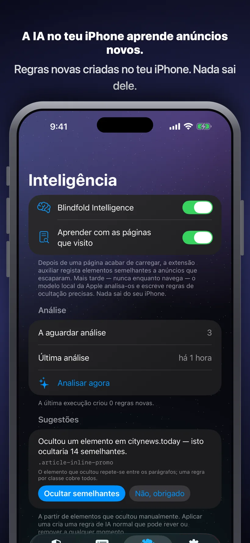 O separador Inteligência do Blindfold a mostrar a análise por IA no dispositivo das páginas visitadas, com uma regra sugerida para ocultar um elemento publicitário repetido e botões para aceitar ou dispensar a sugestão.