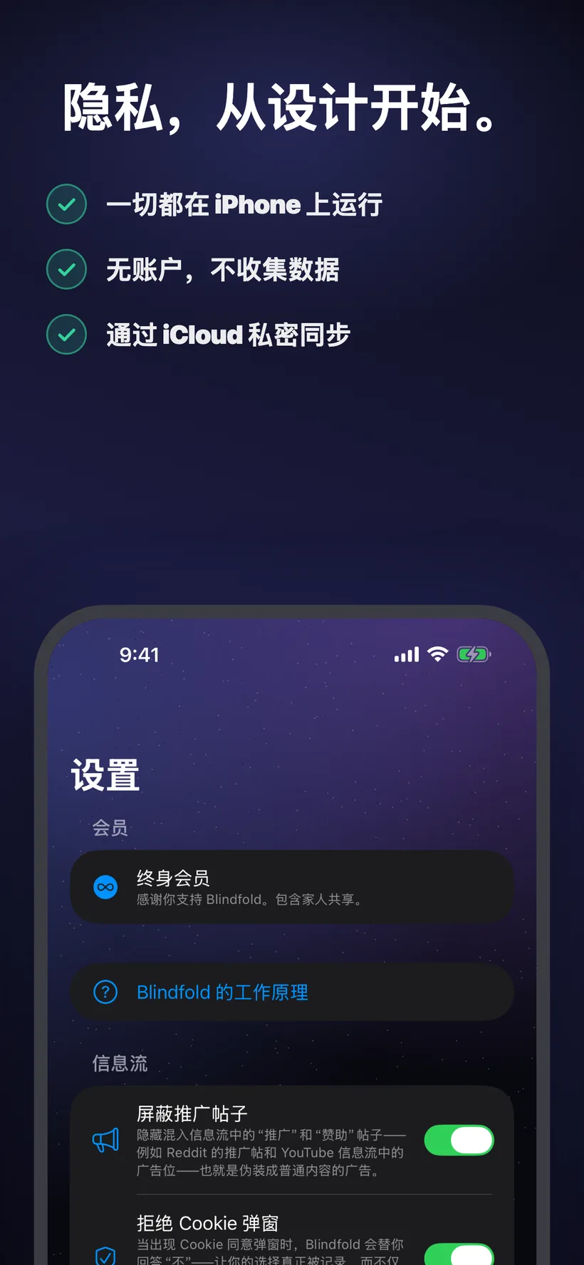 「设置」标签页显示已开通支持家人共享的终身会员，以及全新的「信息流」板块中的“屏蔽推广帖子”开关，可在 Reddit、YouTube 等应用的信息流里隐藏推广或赞助帖子。